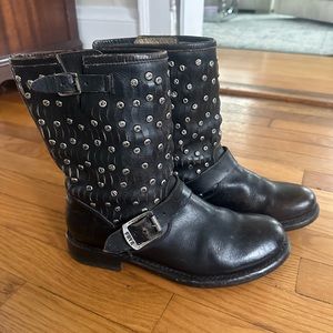 Frye Black Leather Moto Boots with Silver Studs